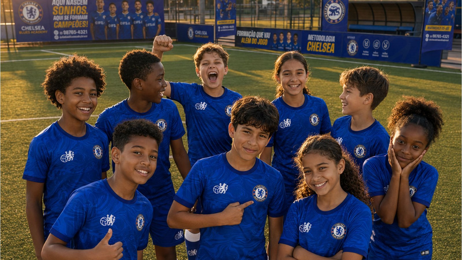 Alunos da Chelsea Blues Academy reunidos e sorrindo no campo da unidade