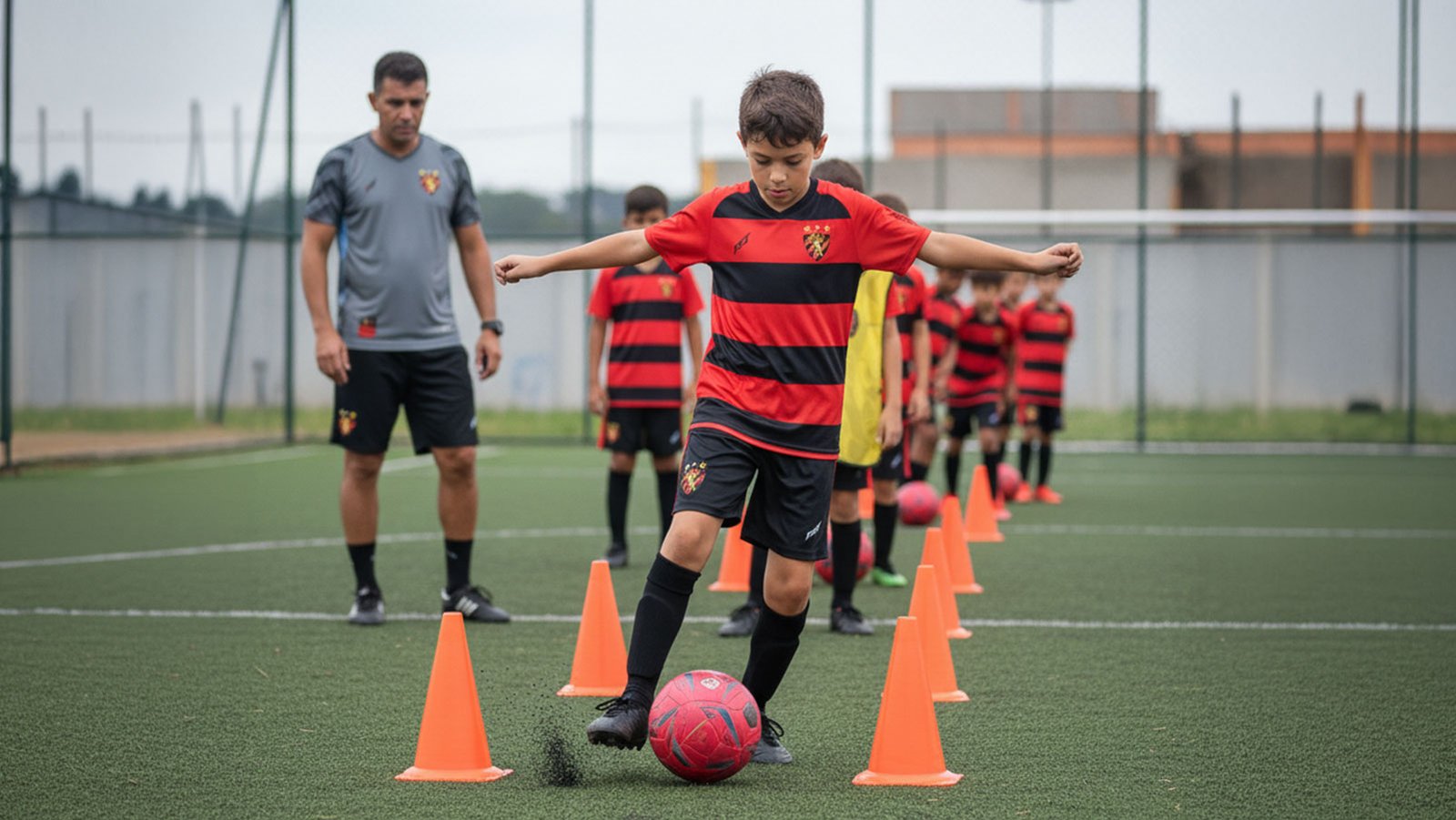 Alunos com o uniforme do Sport treinam conduções entre cones sob orientação do professor