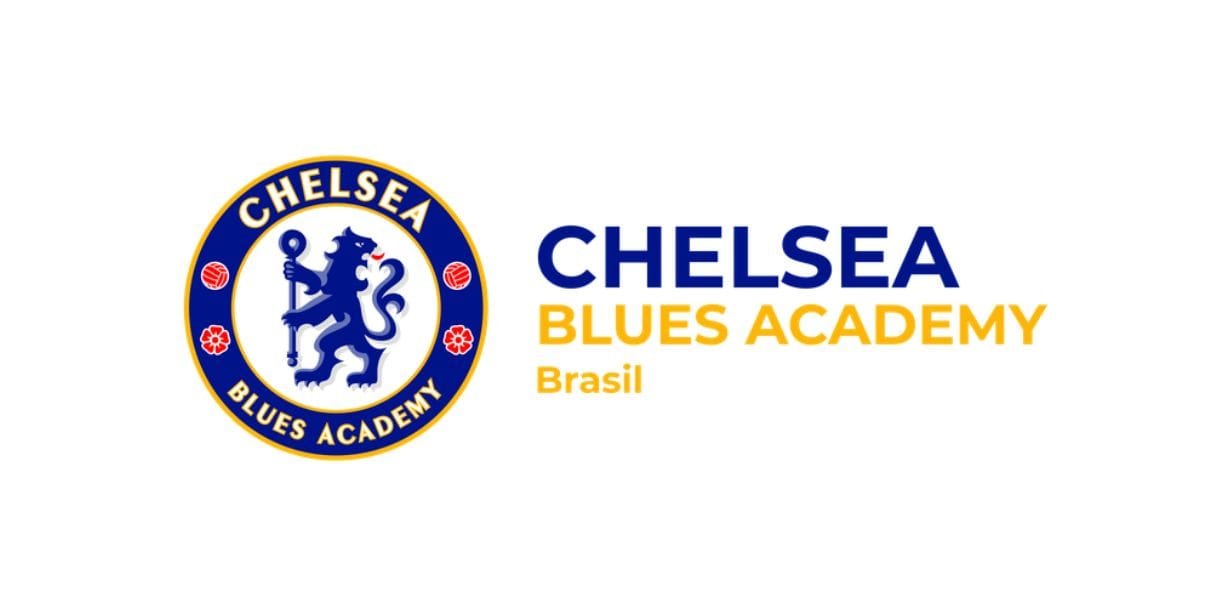 Chelsea Blues Academy Brasil logo: the blue and gold lion crest beside the academy name, on a white background