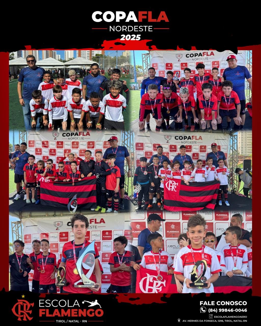 Montagem com fotos das equipes da Escola Flamengo Aero Tirol posando com medalhas e troféus na Copa Fla Nordeste 2025
