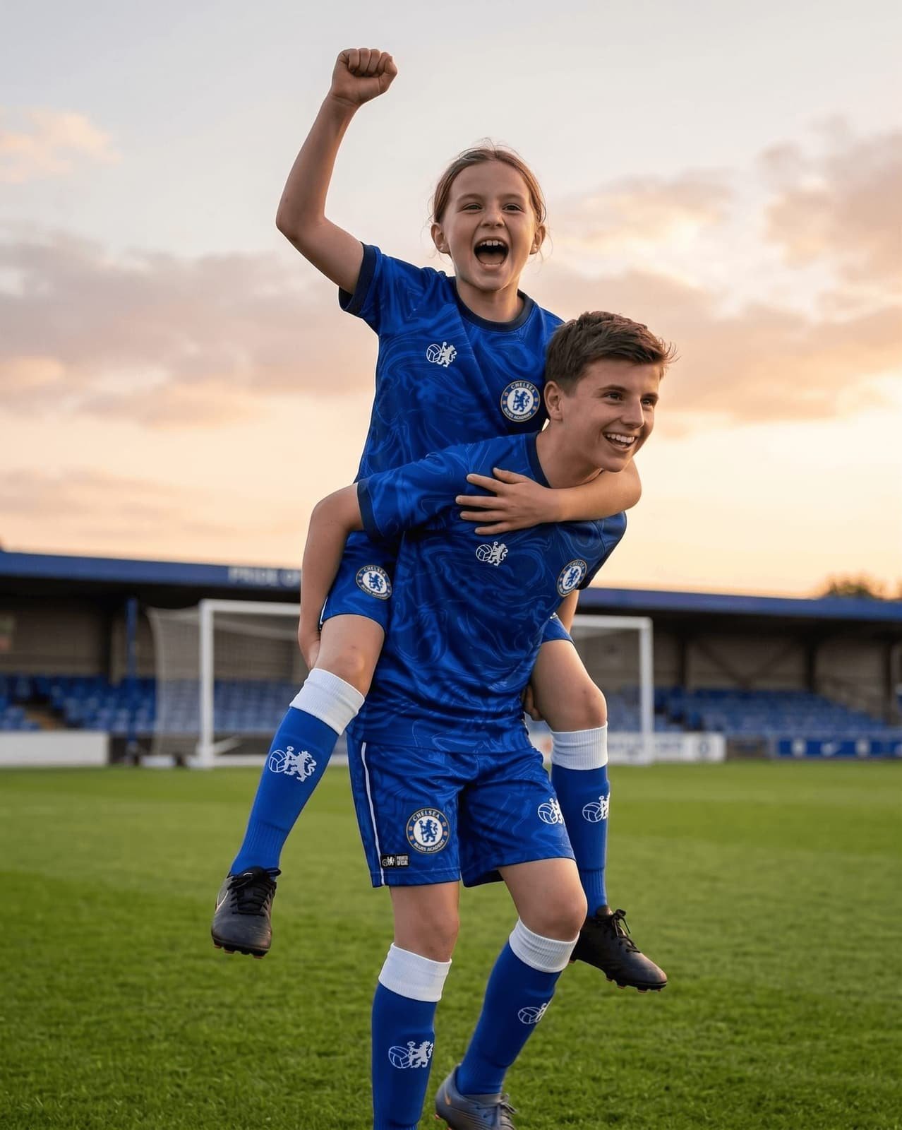 Duas crianças da Chelsea Blues Academy uniformizadas brincando no campo ao entardecer, uma nas costas da outra comemorando com o punho erguido