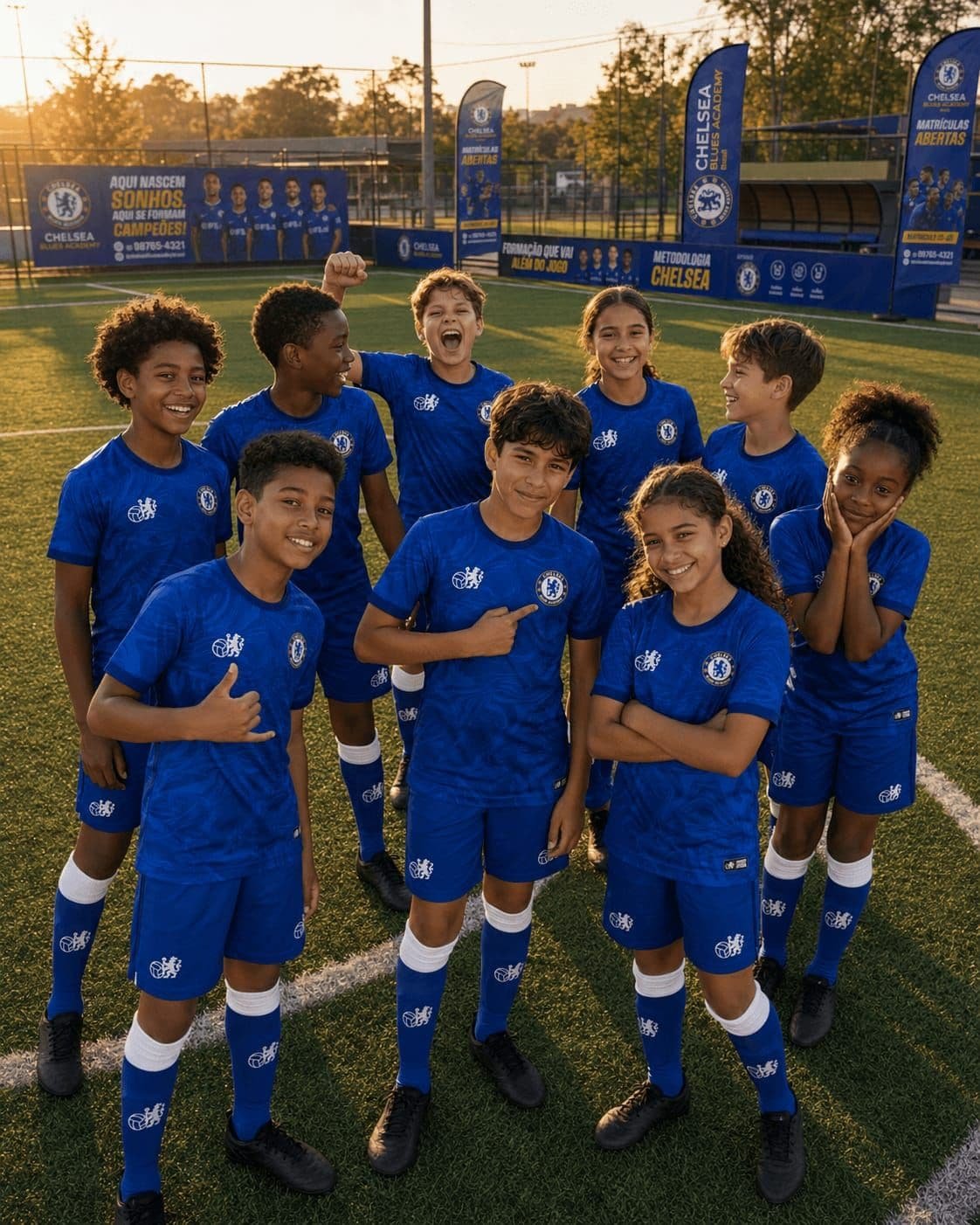 Grupo de crianças e adolescentes da Chelsea Blues Academy reunidos e sorrindo no campo, com faixas de "Matrículas Abertas" e o lema "Aqui nascem sonhos, aqui se formam campeões" ao fundo